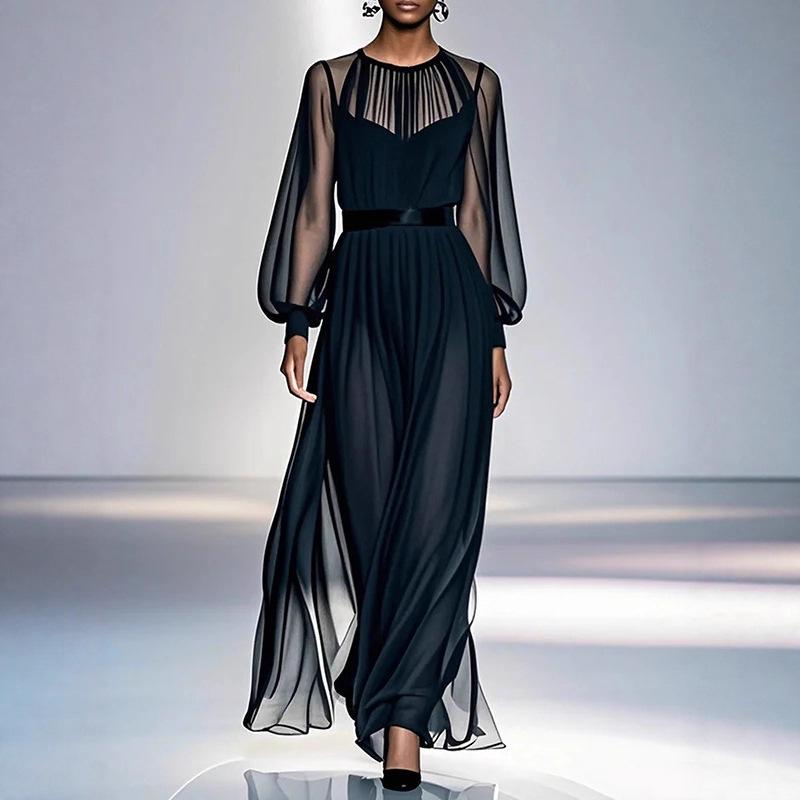 Стильное черное сетчатое платье-двойка для европейских и американских женщин - Элегантное французское платье миди премиум-класса, облегающее талию. Large чёрный