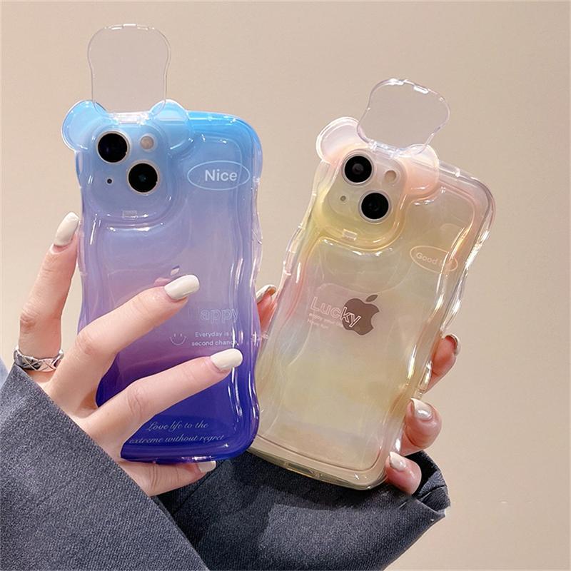 Korean Cute 3d Bear Ears Gradient Phone Case For Iphone 14 13 12 11 Pro Max 3d Kickstand Clear Lens Protective Soft Cover Funda