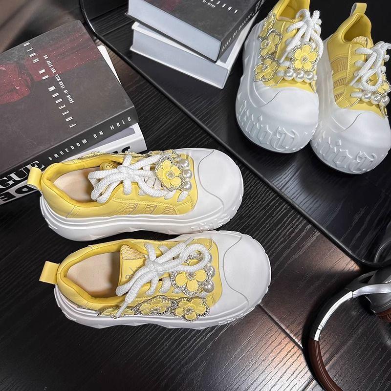 Rhinestone Ugly Cute Big Head Muffin Platform Bread Shoes Women's Mesh Breathable Small Height Increase Casual Shoes