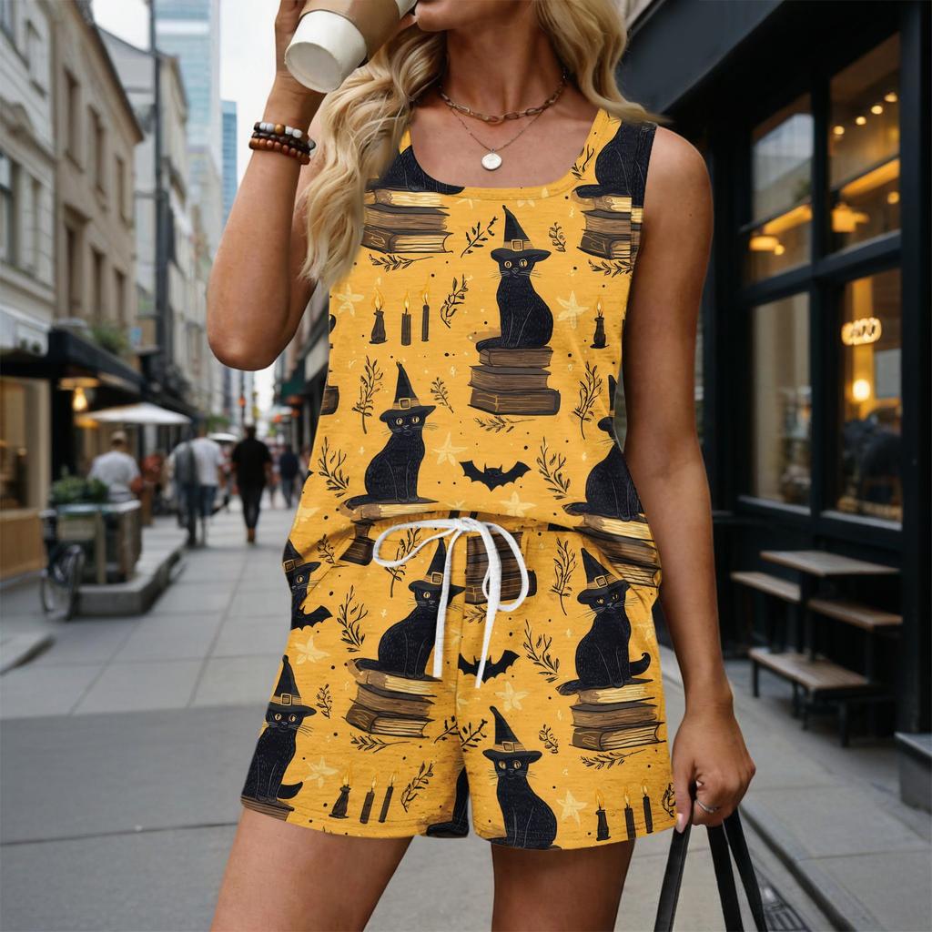 Women Sleeveless Tank Top and Shorts Set Vintage Floral Print Square Neck Casual Summer Two Piece Outfit with Pockets and Drawstring Waist
