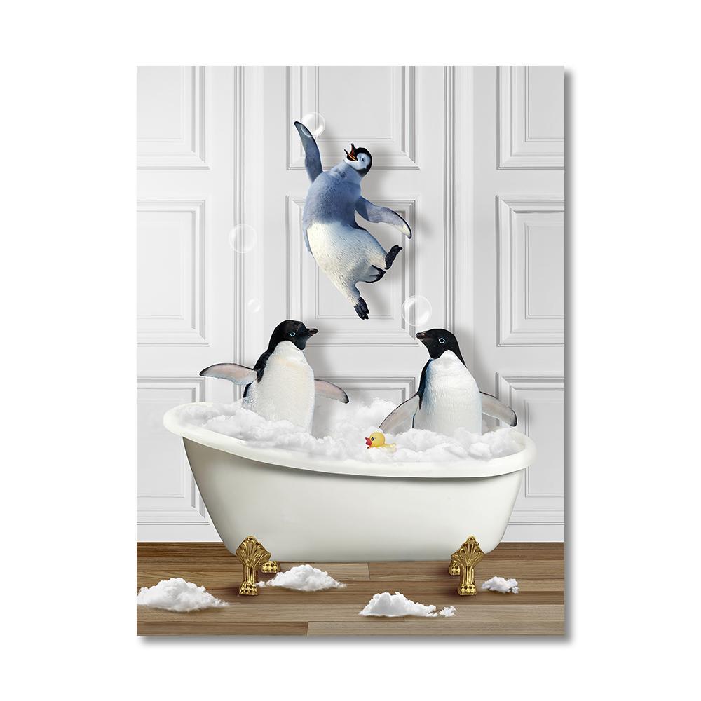 Animais Engraçados Arte de Parede Impressões de Pôster Girafa Banheira Pinguim Elefante Zebra Pintura em Tela Imagem para Quarto de Banho Quarto Decoração de Casa