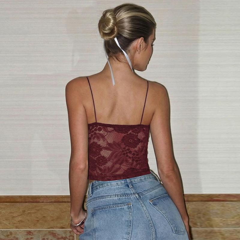 Women's New Sexy Perspective Lace Sling Tube Top Slim Fit Deep V Small Vest