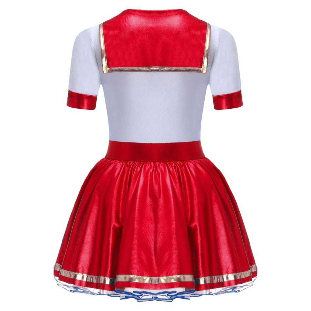 Costum de marinar pentru fete Bloc de culori Patchwork Luciu metalic Gât rotund Mânecă scurtă Cravată detașabilă Rochie bufantă