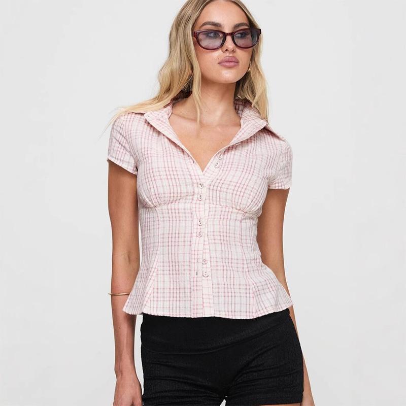 Double Button Women's Sexy Shirt Checkered Pattern Blouses Short Sleeve Slim Top Casual Commuting Fashion Office Lady Summer 2025
