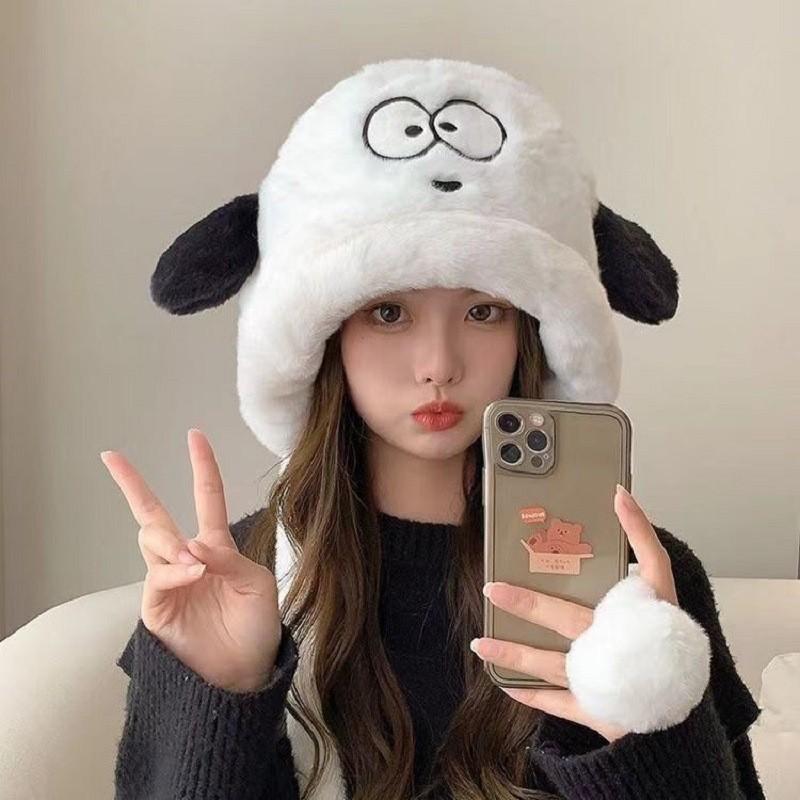 Hat Autumn and Winter Female Thermal Hat Ear Protector Plush Hat Versatile Thickened Cycling Puppy Big Head Circumference Cold Protection