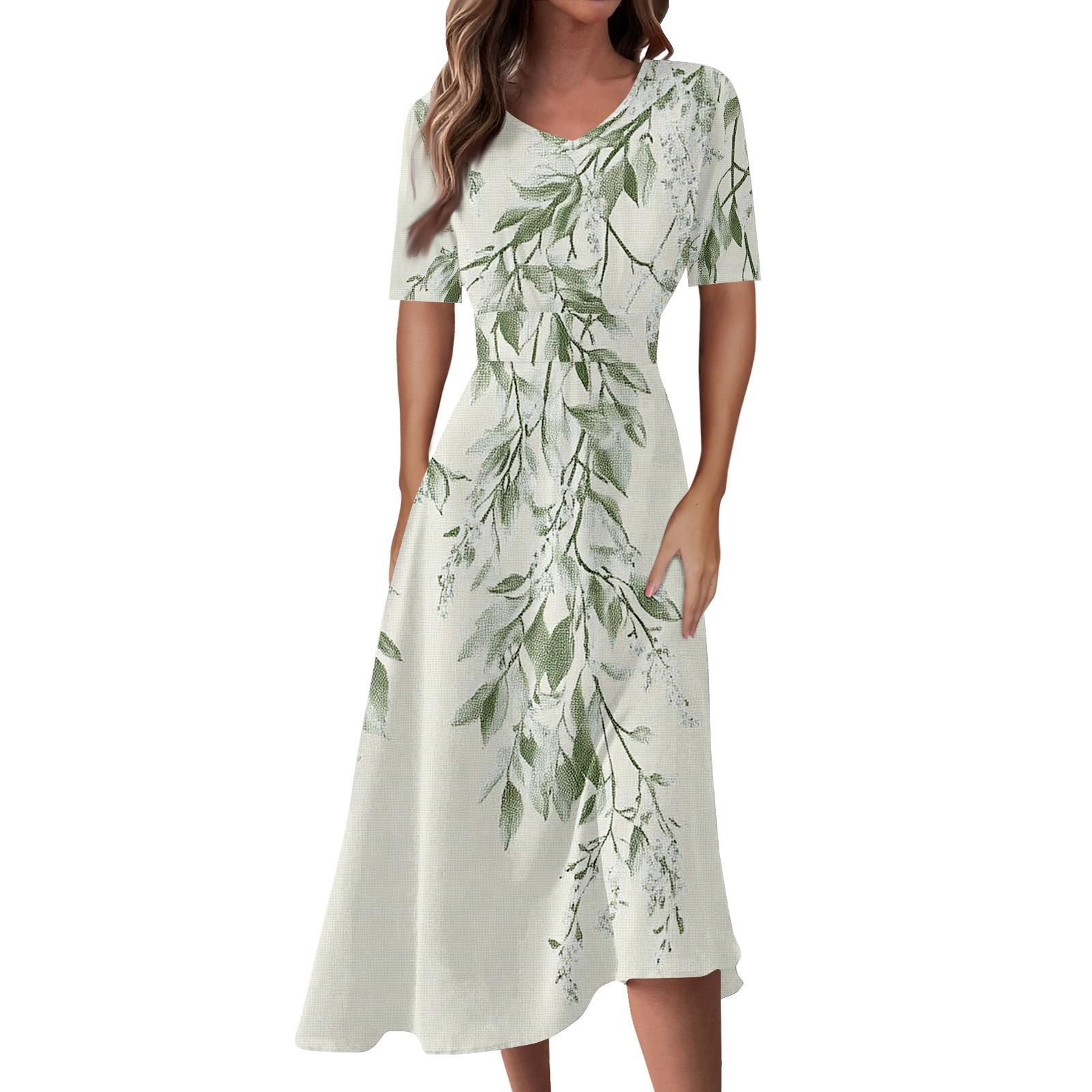 

Женская повседневная мода Цветочный (лист) Платье-халат с принтом, V-образным вырезом, короткими рукавами и длинной юбкой-халат XXL зелёный