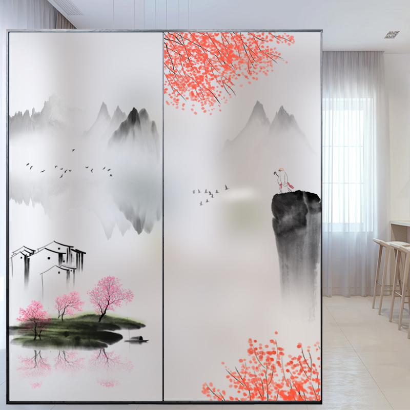 Chinesische künstlerische Landschaftsmalerei Fensterfolie Undurchsichtig Statisch haftend Ohne Klebstoff Dekor Glasaufkleber Fenster-Sichtschutzfolie