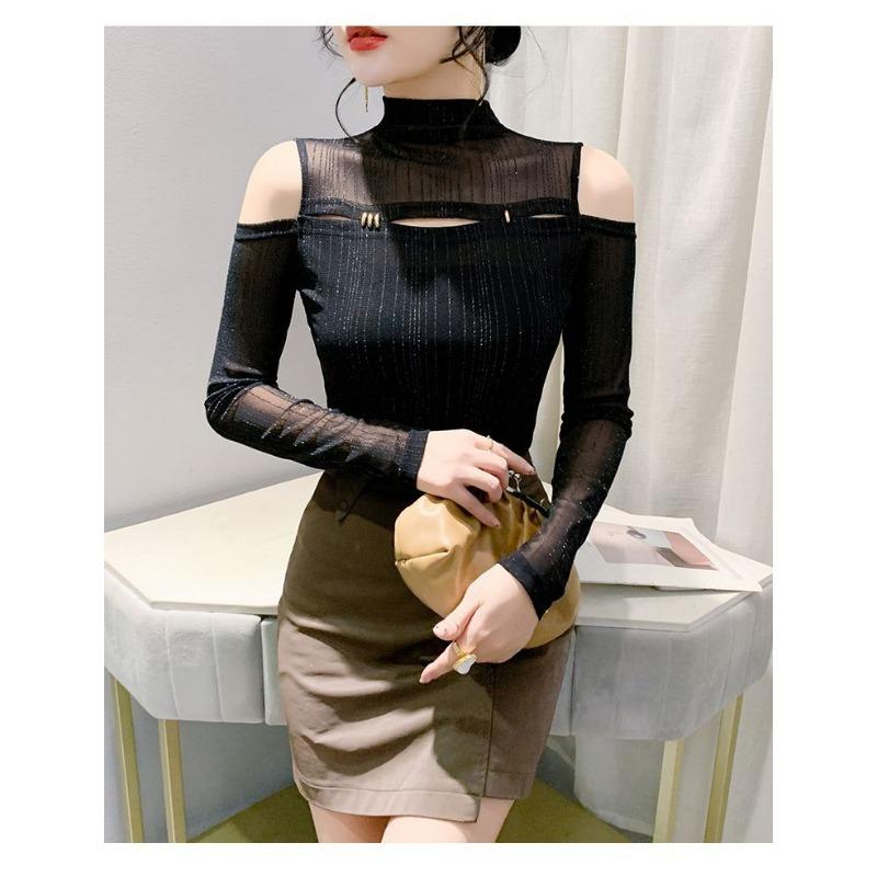 Herbst Neue Mode Mesh Mode Schulterfrei Sexy Slim Halber Rollkragen Langarm Bottoming Damen Trend