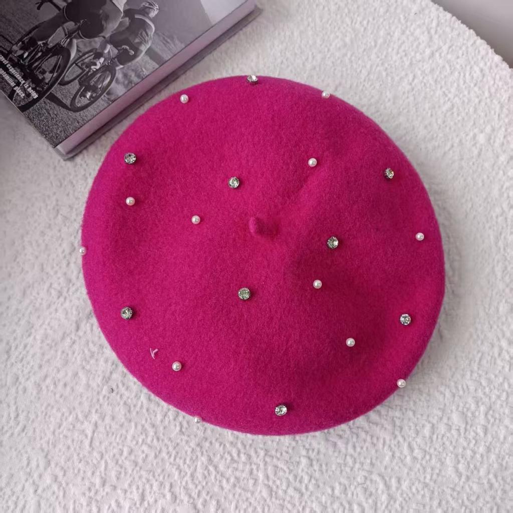 Korean Style Autumn Winter New Round Bead Pearl Decorated Woolen Beret Hat Artist Style Casual Fashion Woolen Bloomer Hat