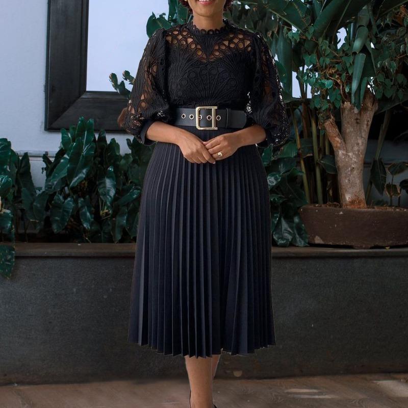 Women Plus Size Fashion Sexy Lace Crochet Hollow Out Pleated Midi Dress
