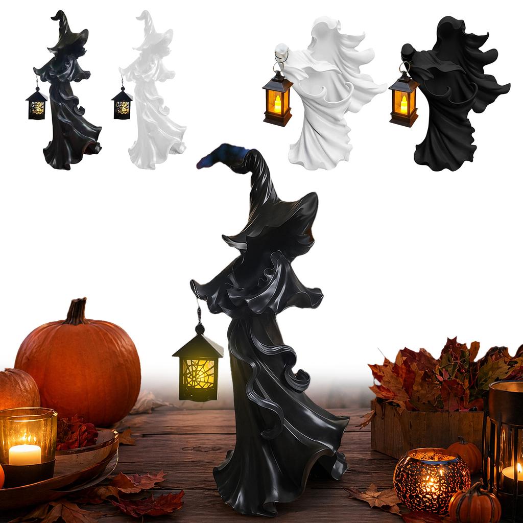 Resin Halloween Ghost Statue with Lantern Spooky Playful Halloween Decoration Faceless Ghost Sculpture Gift for Fireplace Mantel