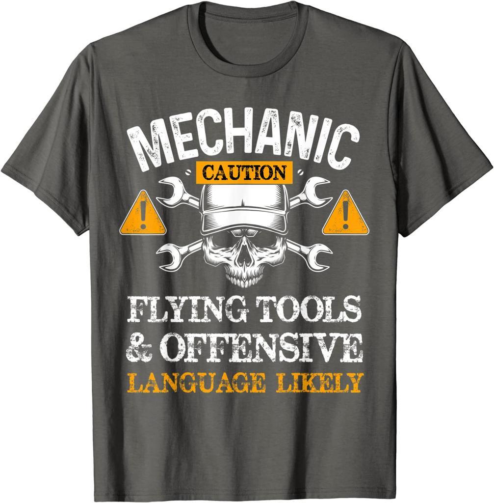 Funny Mechanic Caution Flying Tools And Offensive Language T-Shirt Design T Shirts for Men Cotton Tops Shirts Hip Hop Funny