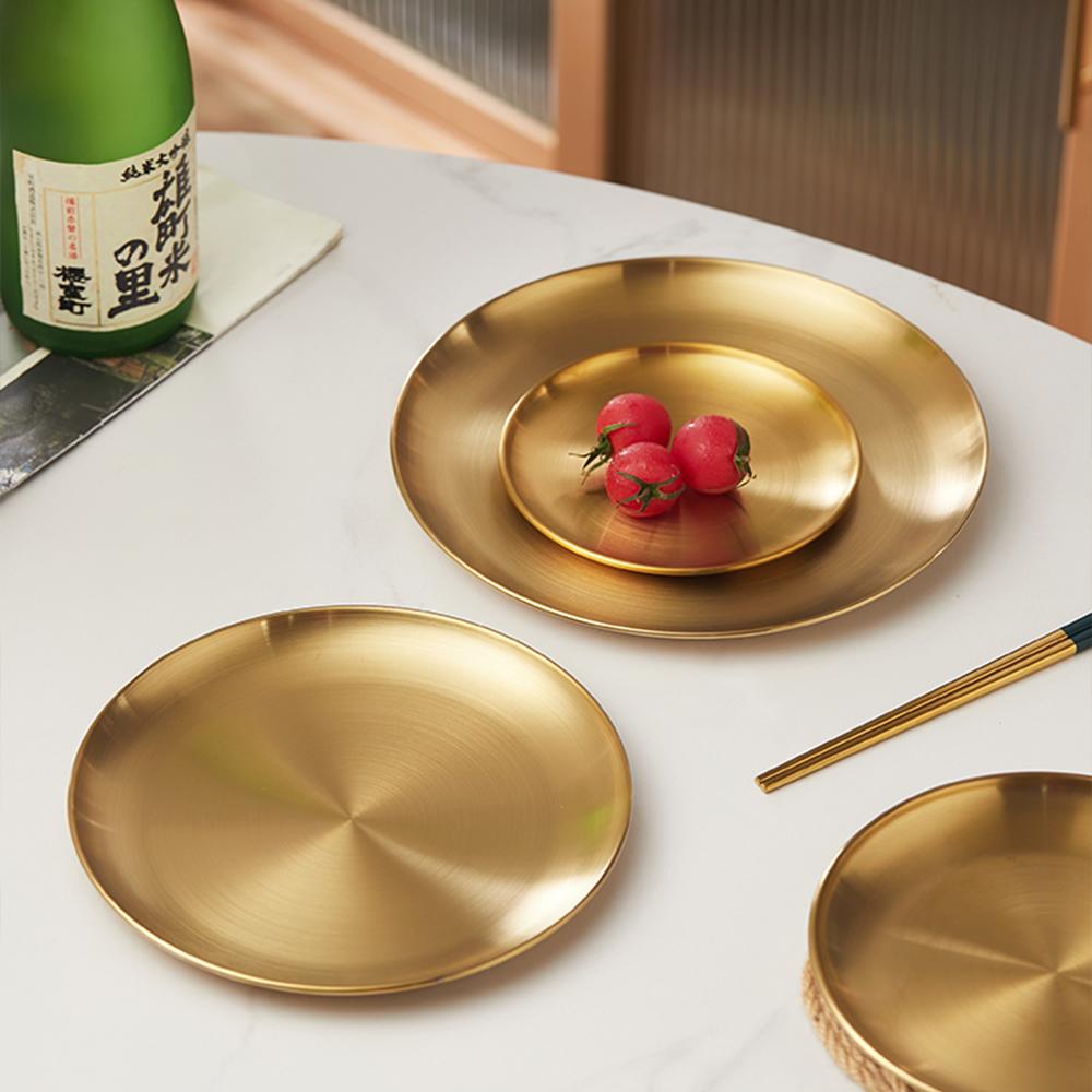 Gold Stainless Steel Thickened Dinner Plates Round Coffee Tray Dessert Cake Snack Fruit Steak Dishes Korean Cutlery Metal Plate