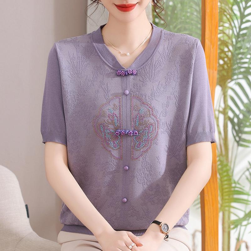 Elegant Frog Button Embroidered Summer Top for Middle-Aged & Elderly Women 2XL (115-135 Jin)