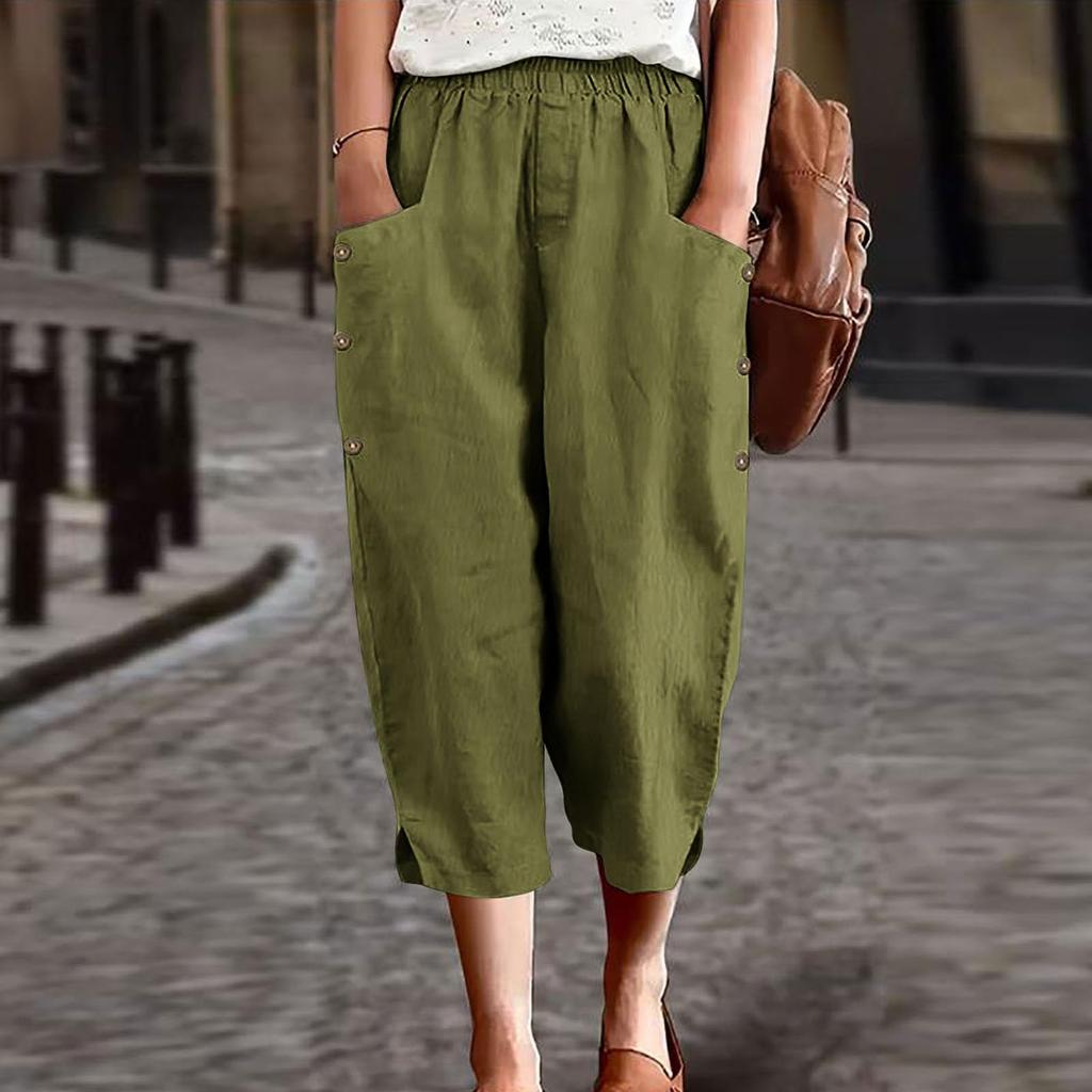 Women Casual Loose Fit Wide Leg Cropped Pants Elastic Waistband with Side Pockets and Button Detail Lightweight Comfortable Trousers