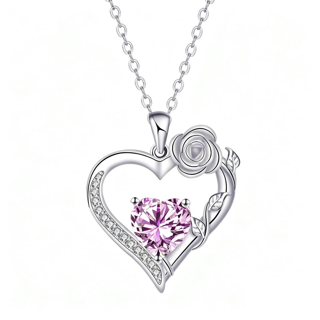 Rose Flower Love Heart Jewelry Wife Girlfriend Mom Daughter Anniversary Birthday Gift 12 Birthstone Necklace for Women
