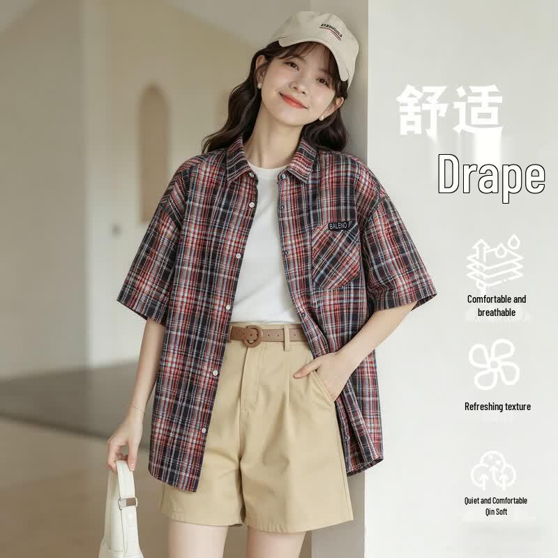 Baleno Women s American Retro Plaid Short Sleeve Shirt M