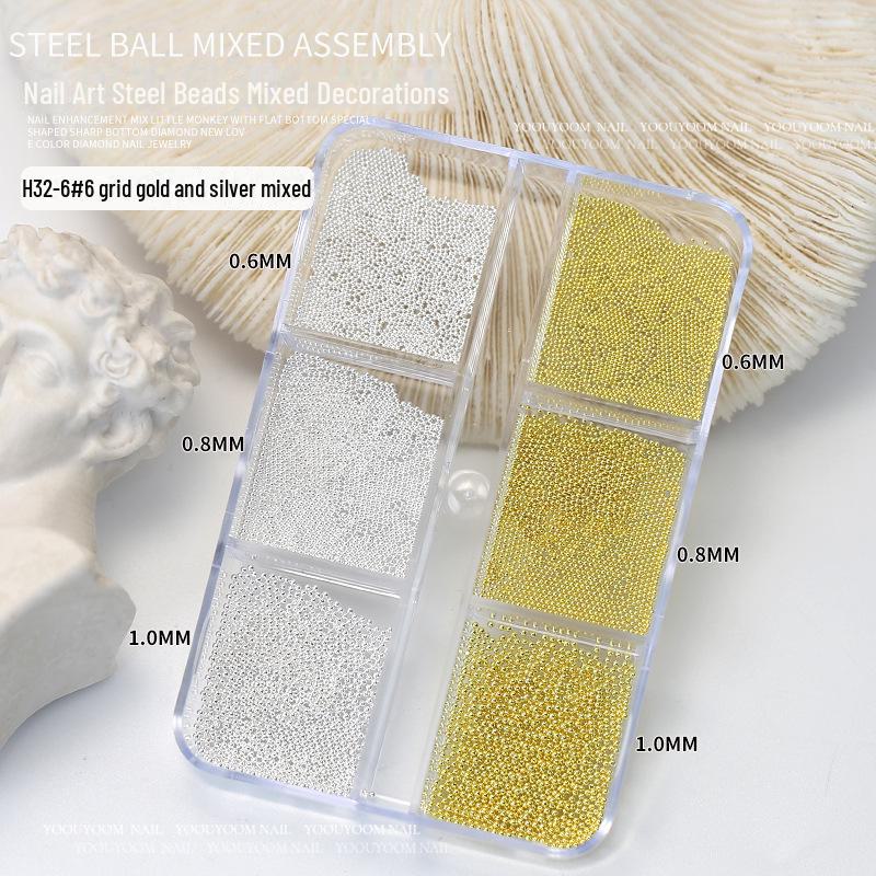 Gold and Silver Mini Steel Beads Set for Nail Art - 0.6mm Nail Accessories
