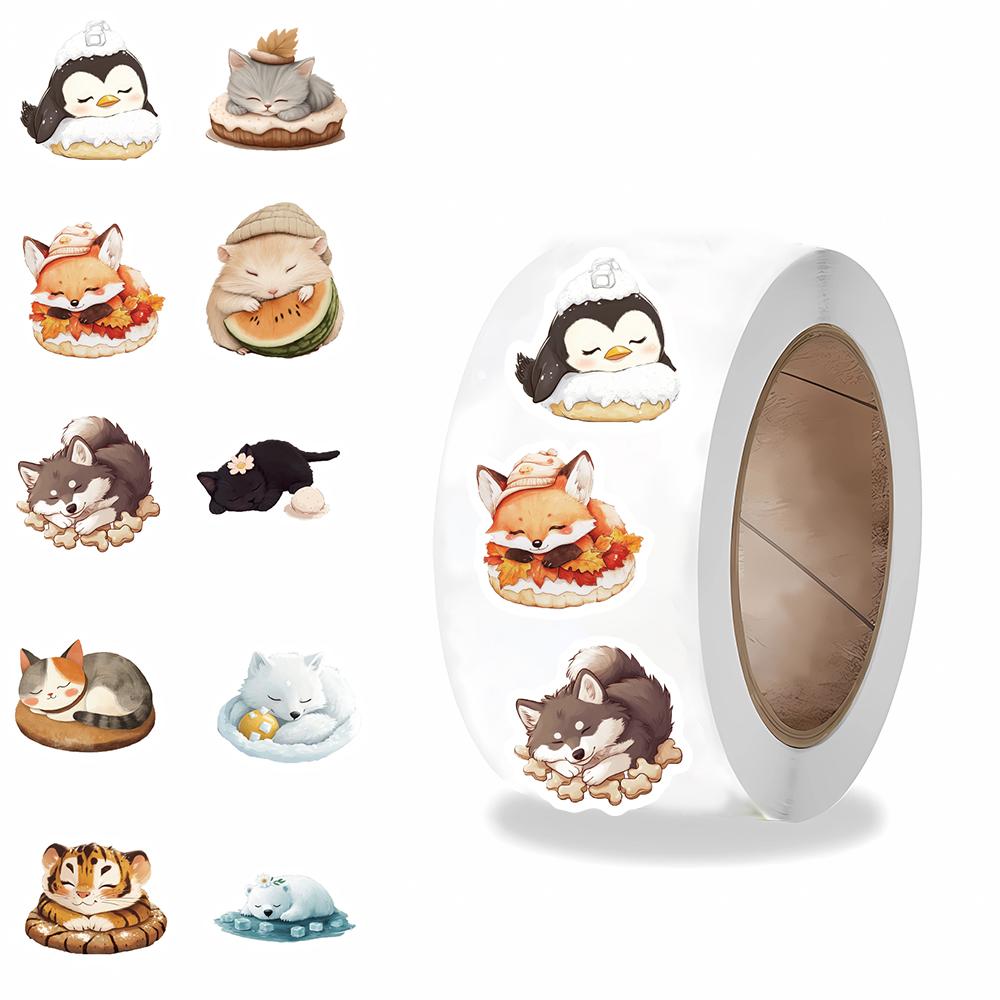 500PCS Cute Sleeping Animals Roll Stickers Notebook DIY Decoration Scrapbooking Suitcase  Car Cup Coffee Phone Laptop Decal Gift