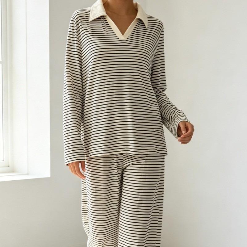 TIFICY Women's Fashion Spring Autumn Stripe Print Long Sleeve POLO Neck Casual Pajama Set