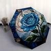 Blaue Rose Buntglas Wandkunst DekorationRegenschirm, Tragbarer 3-Fach-Regenschirm für Damen & Herren, Weihnachtsgeschenk ES237