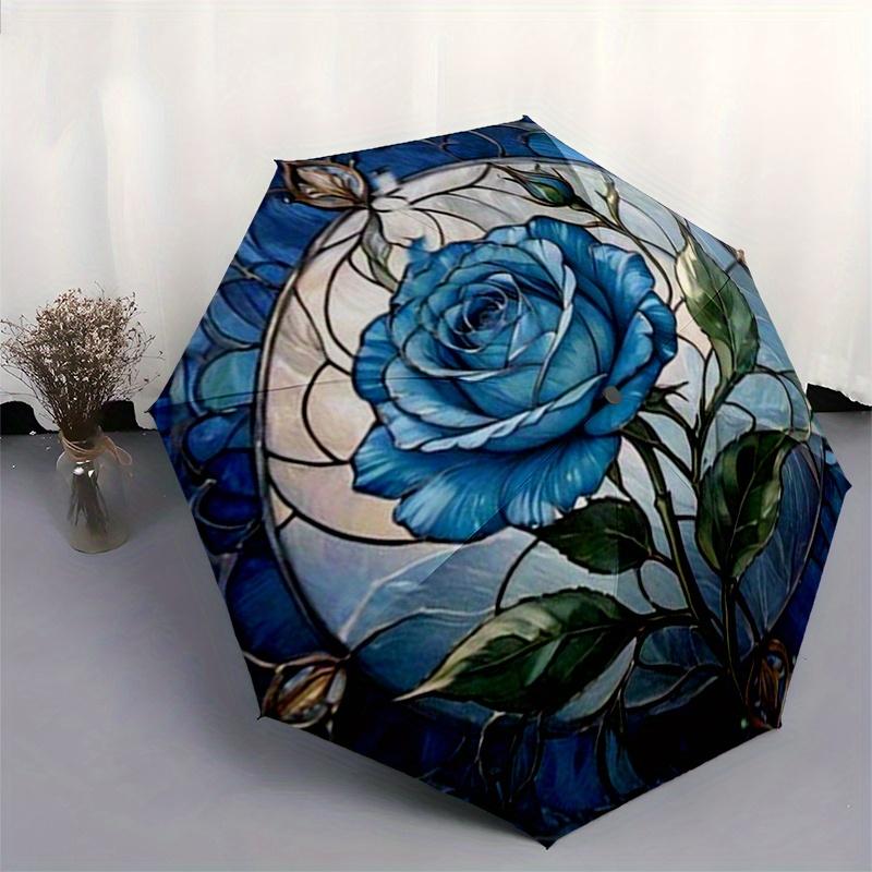 Blaue Rose Buntglas Wandkunst DekorationRegenschirm, Tragbarer 3-Fach-Regenschirm für Damen & Herren, Weihnachtsgeschenk ES237