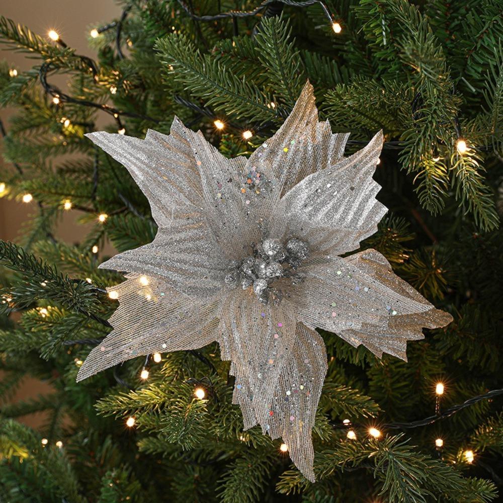 Glitter Christmas Glitter Artificial Flowers Large 30cm with Stems Xmas Tree Flowers Ornaments Creative Cute