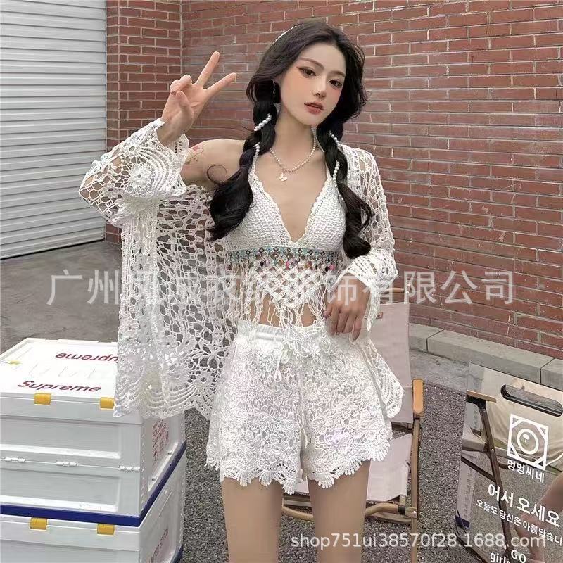 Summer new careful machine sexy backless seaside vacation neck knitted short outerwear top sling vest