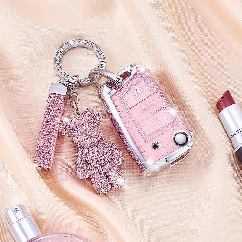 Pink Diamond For Vw Golf 7 Mk 7 Skoda Octavia Seat Leon Ateca Flip Folding Remote Car Key Case Cover Fob Keychain Accessories