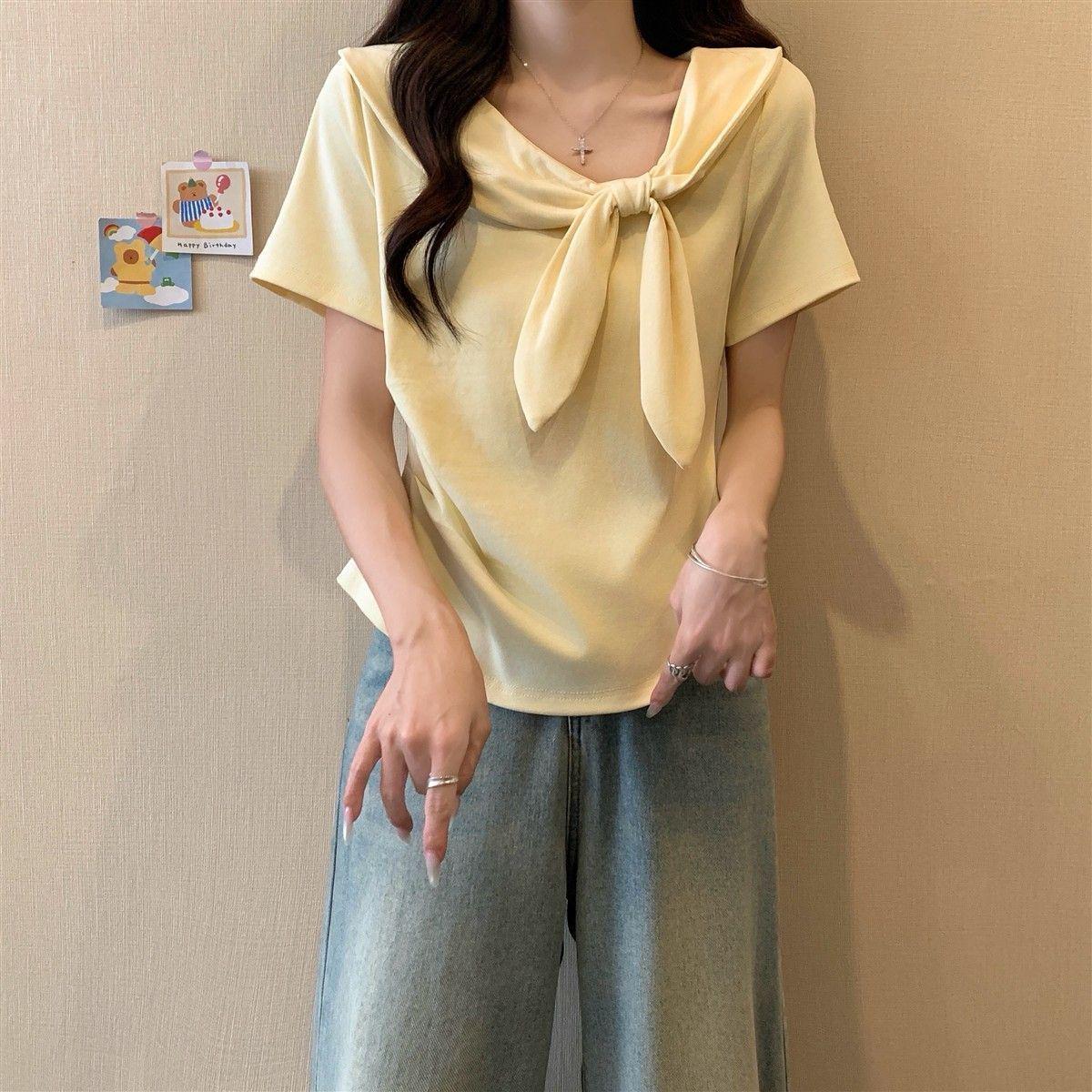 

Navy Collar Bow Short Sleeve T-shirt for Plus Size Women - Irregular Slimming Summer Top 4XL (suggested 90.5-100kg) жовтий
