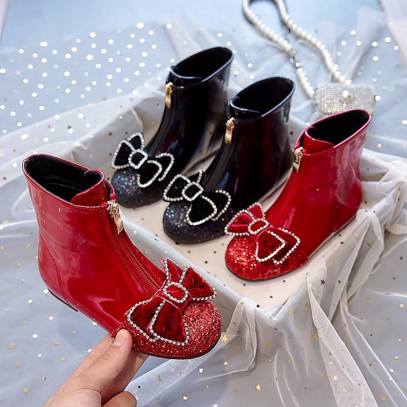 Girls Boots Children's Spring and Autumn Single Boots Baby Boots Winter Plus Velvet Leather Boots Princess Crystal Short Boots