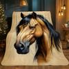 Custom 1Pc Horse Portrait On Beige Hd Printed Blanket. Soft And Warm Flannel Blanket For Travel, Camping, Sofa, Livingroom, Couc