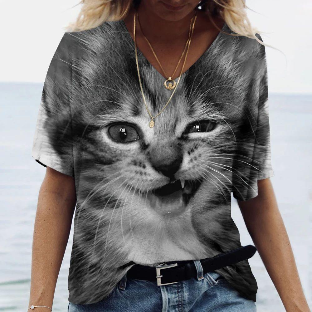 Summer V-neck 3D Cute Animal Cat Printed Top Fashionable Casual Short Sleeved Women's T-shirts