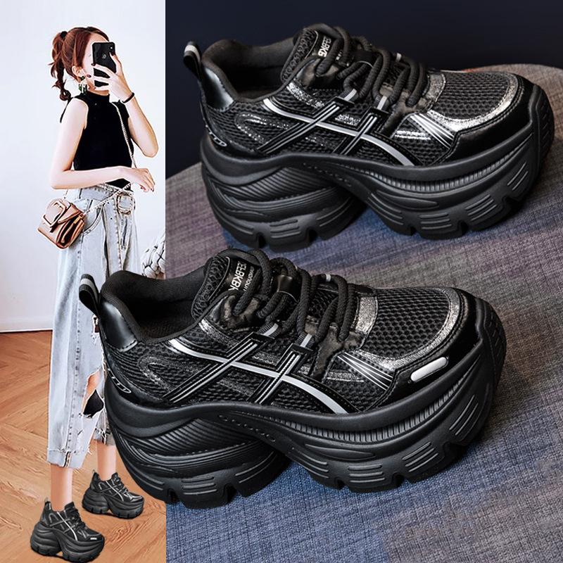 

2025 super fire inner height increase dad shoes women s autumn new breathable mesh casual muffin thick-soled white shoes tide 34 чёрный