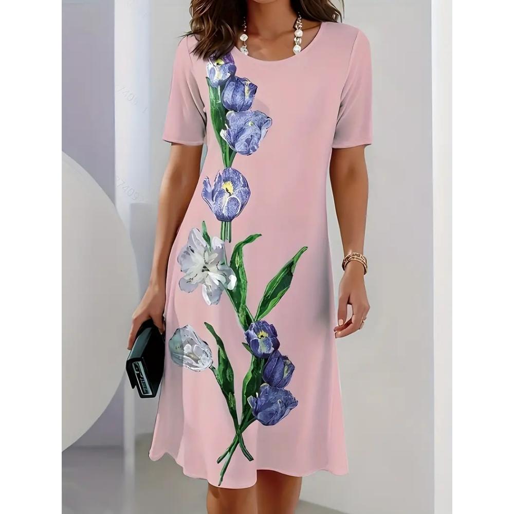 Women's Short-sleeved A-line Skirt 3d Color Printed Pullover Dress Fashionable and Elegant Summer Loose Round Neck Dress