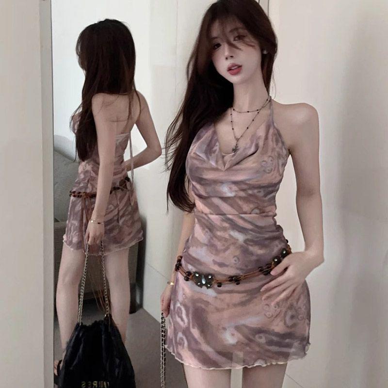 Retro Batik Neckholder Kleid – Figurschmeichelndes V-Ausschnitt Rückenfreies A-Linien-Kleid für Damen für Frühling/Sommer