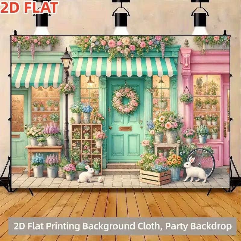 Green Pink Storefront Rabbit Flower House Kids Birthday Photography Background Cloth
