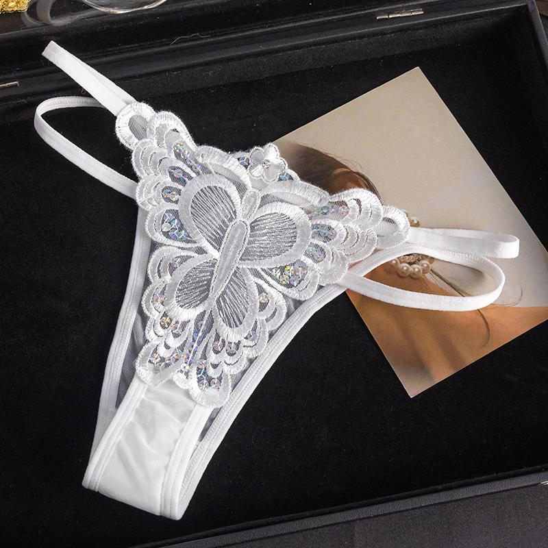 Ladies Spring and Summer New Sexy Lace Low Waist Sequins Transparent High Elastic Cotton Crotch Thong Underwear