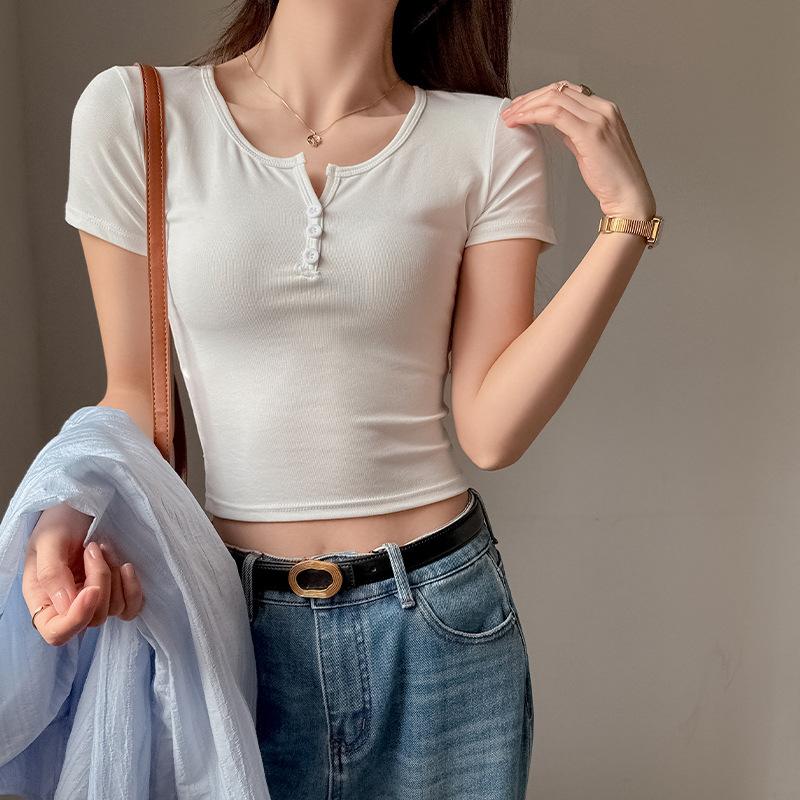 Design Sense Summer Button Crew Neck Front Shoulder Short Sleeve T-shirt Korean Version Women's Short Bottoming Shirt Spice Girls Internet Celebrity T