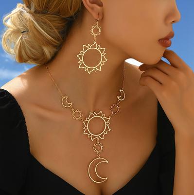 Vintage Sun God Moon God Asymmetrical Exaggerated Moon Sun Stud Earrings Necklace Set