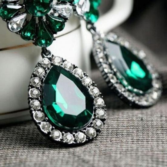 Vintage Lady Green Rhinestone Flower Teardrop Statement Dangle Stud Earrings