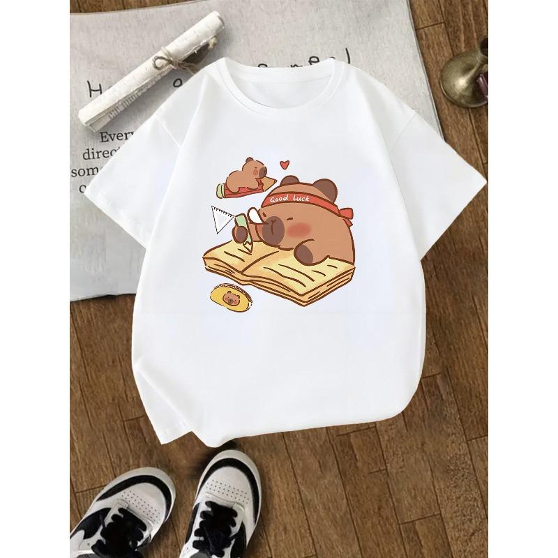Kids Crewneck Short Sleeve Tee, Capybara Pufferfish Print Sports Casual Top 110