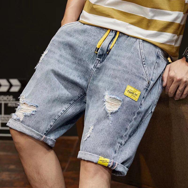 New Summer Men's Washed Denim Shorts American Retro Solid Color High Street Shorts Loose Casual Straight Large Size Denim Shorts