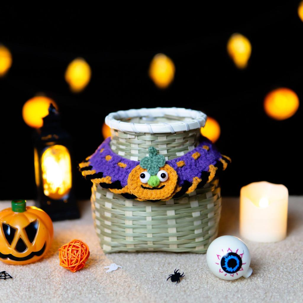 Cat Collar Cute Pet Collar Halloween Heterochromatic Cat Pumpkin Ghost Dog Bib Knitted Collar for Small Cats/dog/kitty