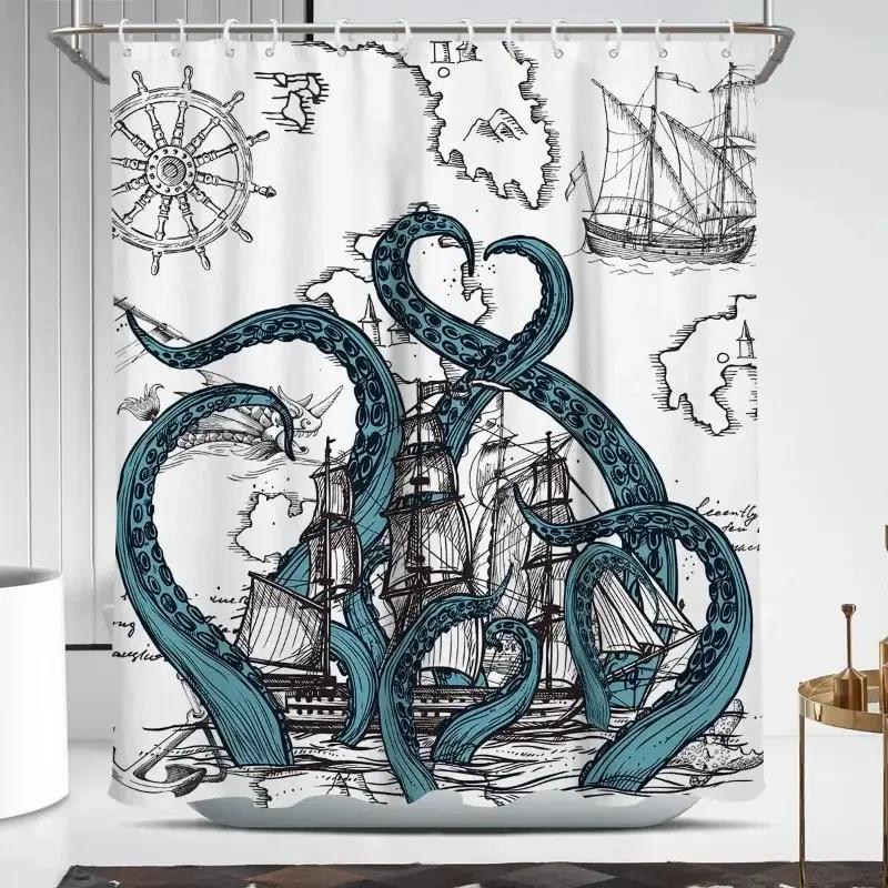 Vintage Nautical Octopus Waterproof Shower Curtain Navy Blue Mermaid Fun Ocean Sea Monster Bath Shower Curtain Anchorage Map