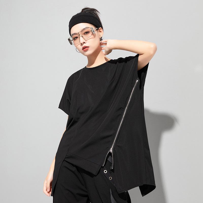 

Летний асимметричный свободный круглый вырез на молнии женский модный пуловер One Size (95-160 Jin) чёрный