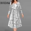 Black White Contrast Color Women Dresses Autumn Winter Fashion Long Sleeve Plus Size Dress Casual O-Neck Loose A-Line Dress