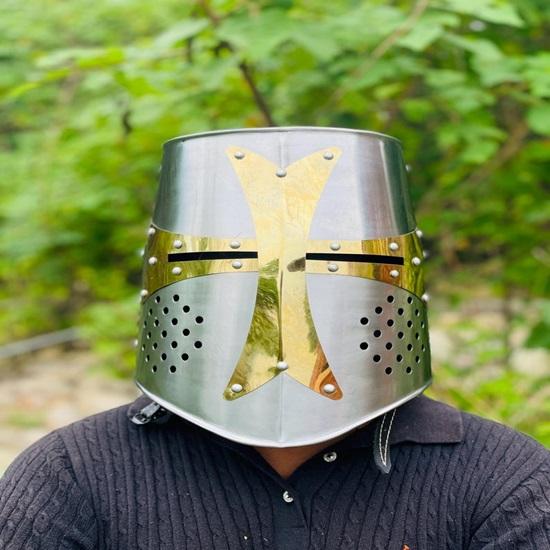 Templar Crusader Knight Helmet Medieval Great Helm, Larp And Cosplay Helmet ,Handmade Steel  Brass Cross Helmet , Collectible Gift