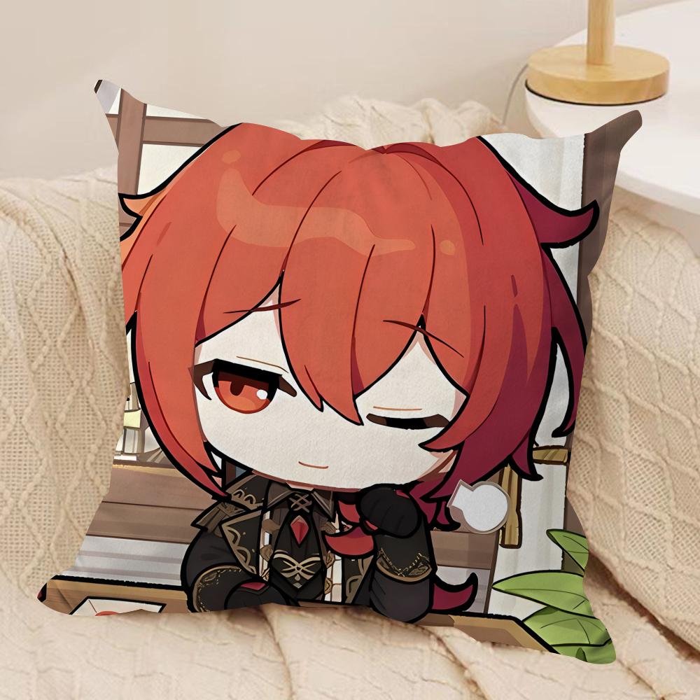 Diluc Cute Cute Genshin Impact Cushion Cover Silky Short Plush Invisible Zipper Dustproof Sofa Pillow Case For Home Decor