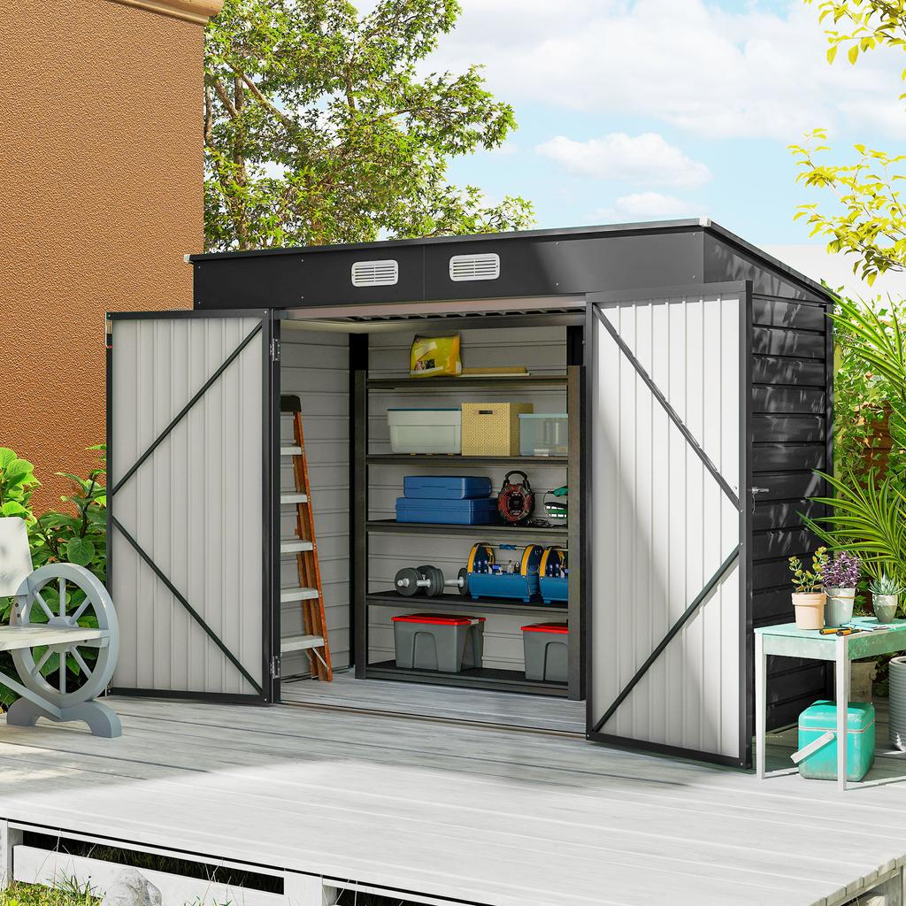 3.7 X 7.9ft Galvanised Steel Shed, with Latched Door and Padlock - Grey